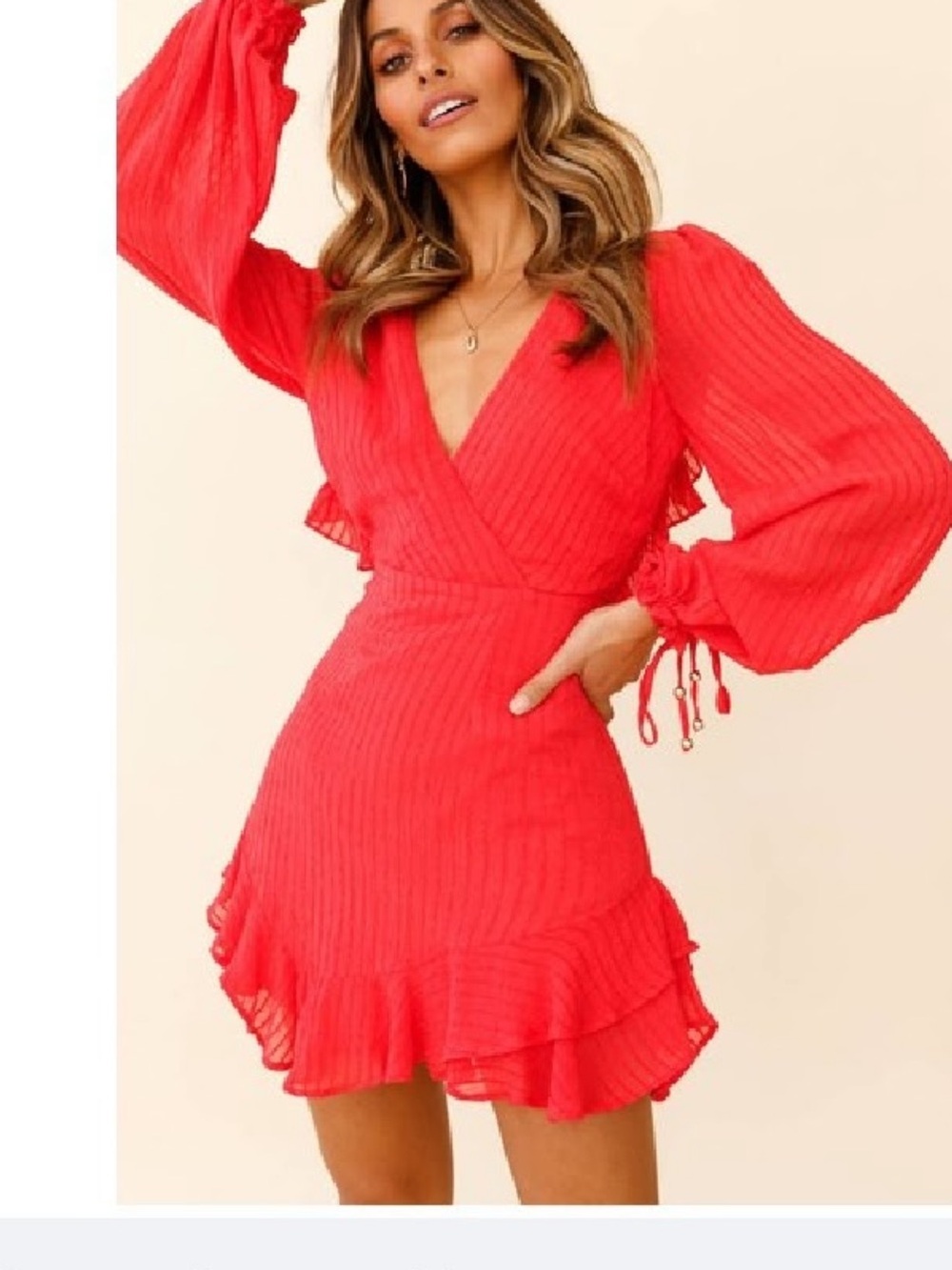 Red Surplice Neckline Ruffled Mini Dress